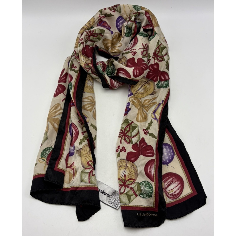 Vintage LIiz Claiborne Silk Scarf Christmas Ornaments Gifts Classic Holiday